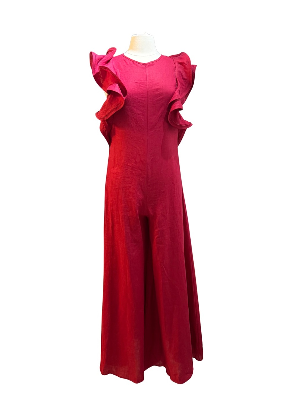 Souvenir Made in Italy 100% Linen Red Ruffle Wide Leg Jumpsuit Size S